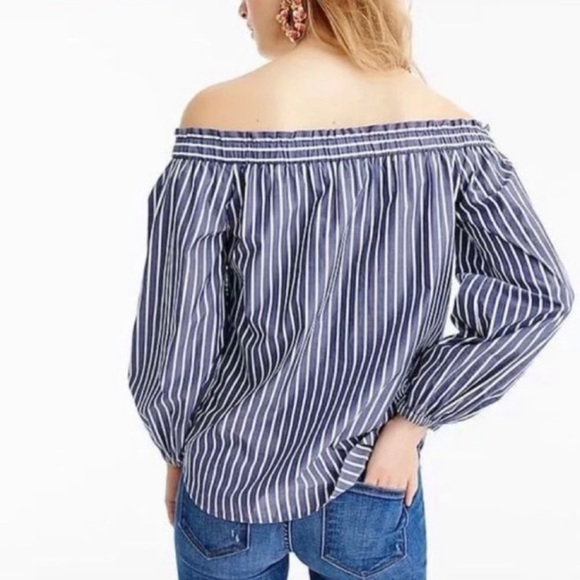 NWT J. Crew Striped Off Shoulder 3/4 Puff Sleeve Top In Blue & White - Picture 3 of 8